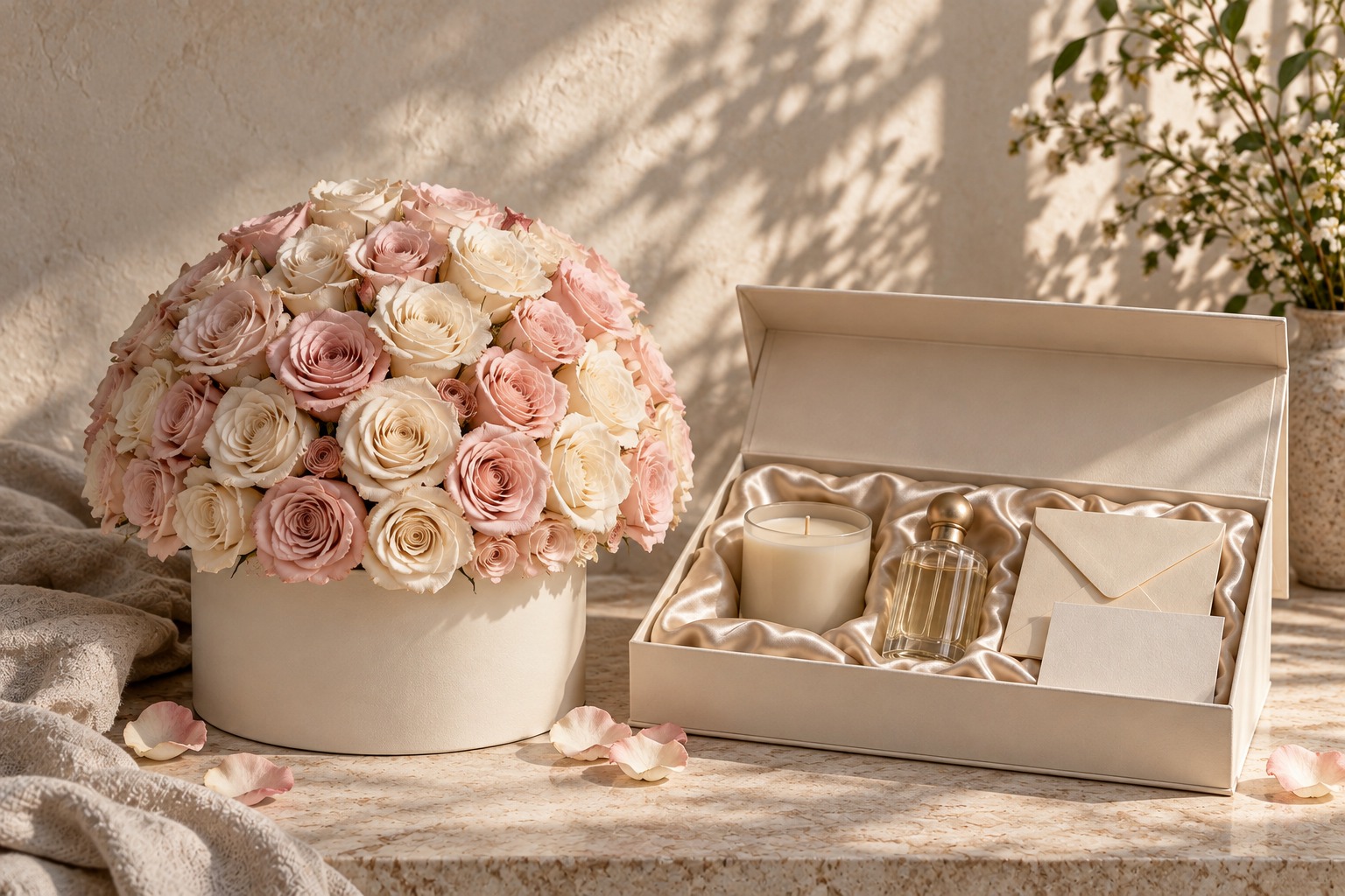 Illustrative concept of blush roses in an ivory box beside a satin-lined gift box