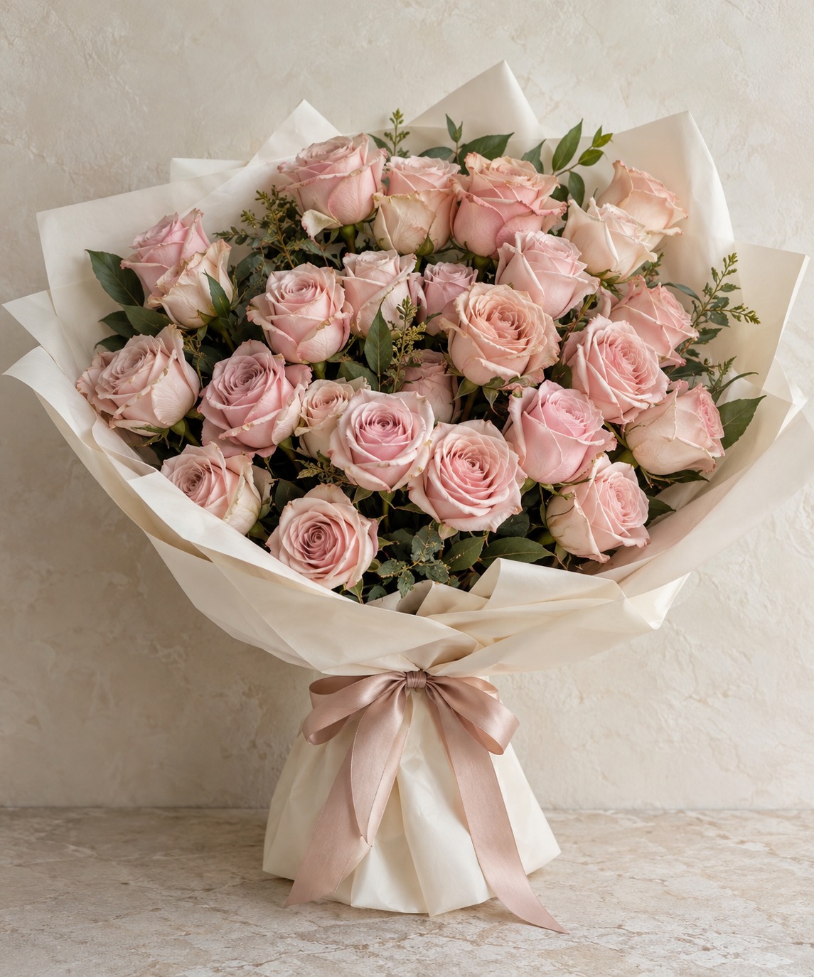 Illustrative concept of a wrapped rose bouquet